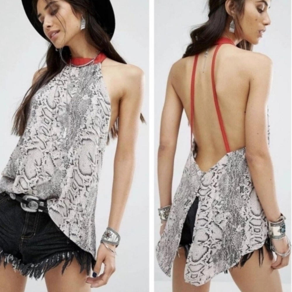 Free People Through The Night Tank Top Snakeskin Halter Top Small Red Gray Black
